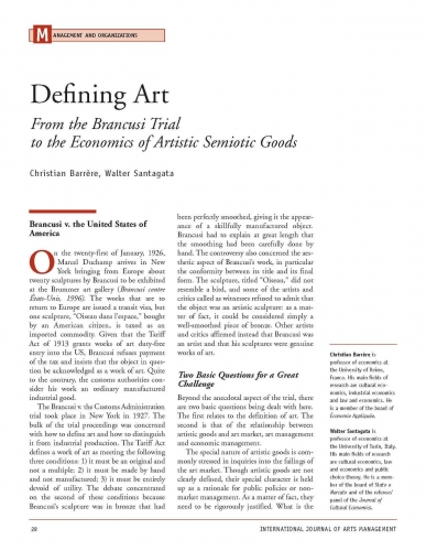 Defining Art. From the Brancusi Trial to the Economics of Artistic Semiotic Goods