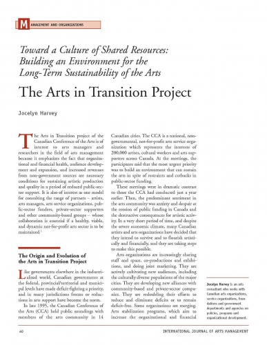 Toward a Culture of Shared Resources: Building an Environment for the Long-Term Sustainability of the Arts - The Arts in Transition Project