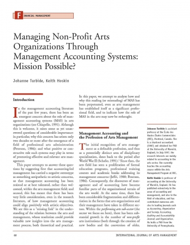 Managing Non-Profit Arts Organizations Through Management Accounting Systems: Mission Possible?