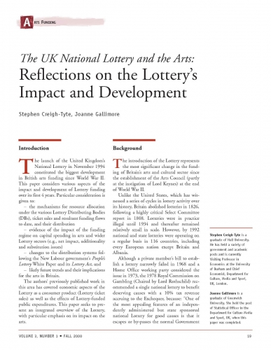The UK National Lottery and the Arts: Reflections on the Lottery’s Impact and Development