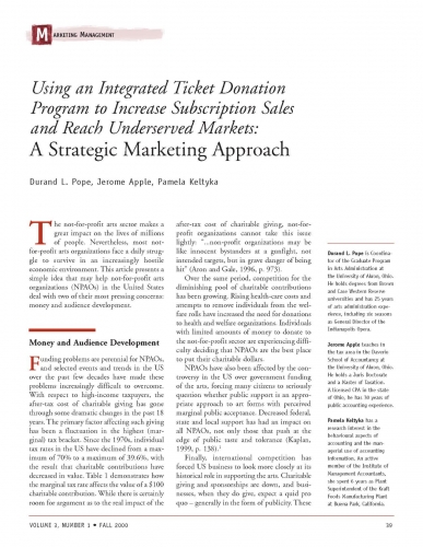 Using an Integrated Ticket Donation Program to Increase Subscription Sales and Reach Underserved Markets: A Strategic Marketing Approach