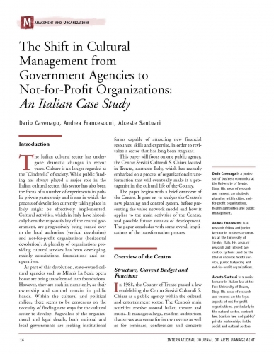 The Shift in Cultural Management from Government Agencies to Not-for-Profit Organizations: An Italian Case Study
