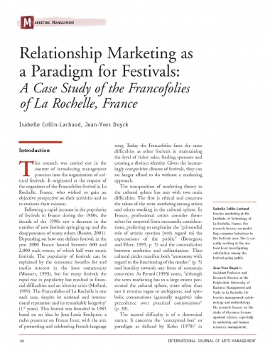 Relationship Marketing as a Paradigm for Festivals: A Case Study of the Francofolies of La Rochelle, France