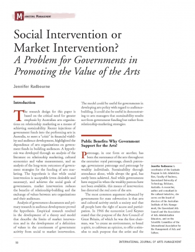 Social Intervention or Market Intervention? A Problem for Governments in Promoting the Value of the Arts