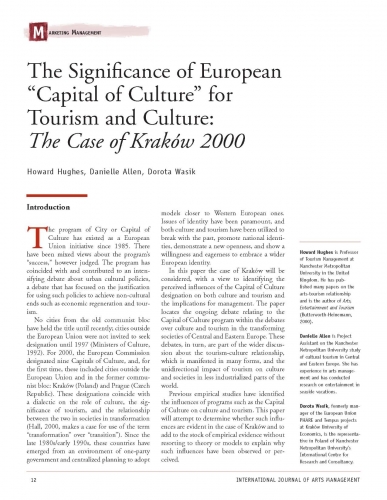 The Significance of European “Capital of Culture” for Tourism and Culture: The Case of Kraków 2000