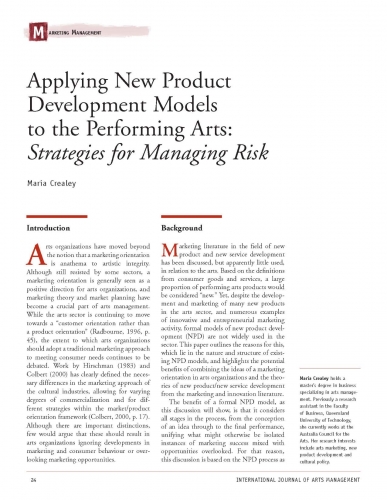Applying New Product Development Models to the Performing Arts: Strategies for Managing Risk