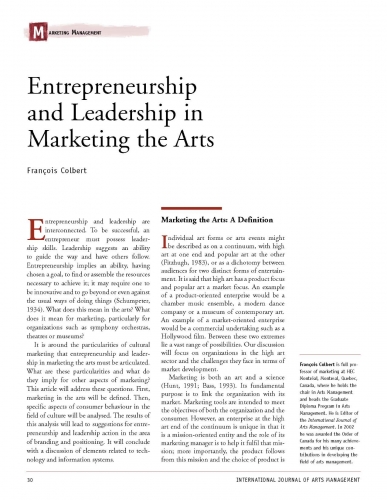 Entrepreneurship and Leadership in Marketing the Arts