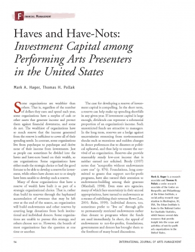 Haves and Have-Nots: Investment Capital among Performing Arts Presenters in the United States