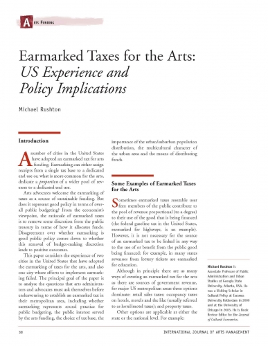 Earmarked Taxes for the Arts: US Experience and Policy Implications