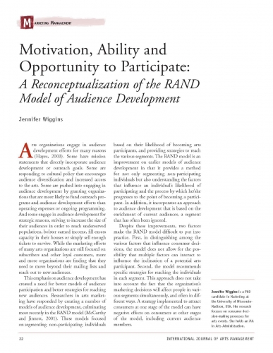 Motivation, Ability and Opportunity to Participate: A Reconceptualization of the RAND Model of Audience Development