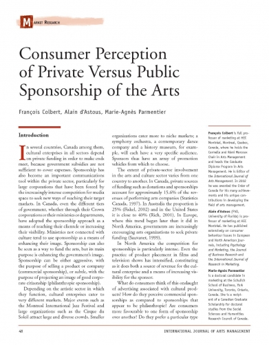 Consumer Perception of Private Versus Public Sponsorship of the Arts