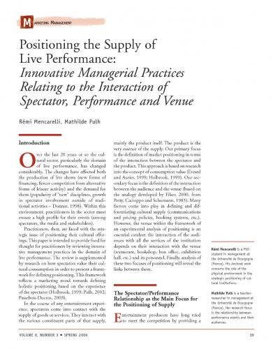 Positioning the Supply of Live Performance: Innovative Managerial Practices Relating to the Interaction of Spectator, Performance and Venue