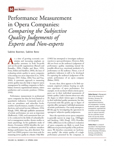 Performance Measurement in Opera Companies: Comparing the Subjective Quality Judgements of Experts and Non-experts