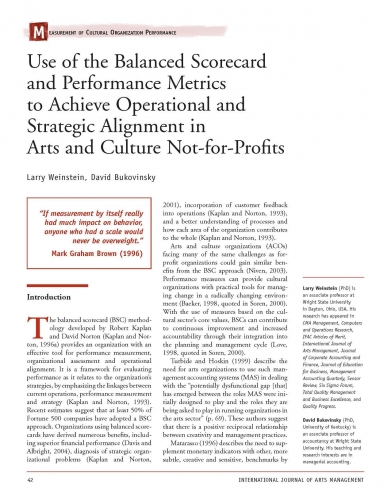 Use of the Balanced Scorecard and Performance Metrics to Achieve Operational and Strategic Alignment in Arts and Culture Not-for-Profits