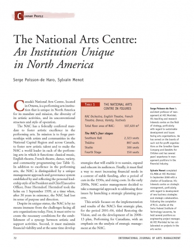 The National Arts Centre: An Institution Unique in North America