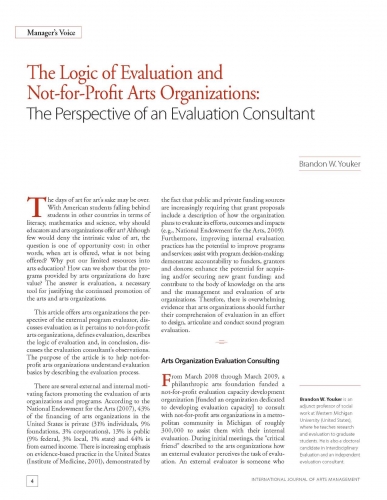 The Logic of Evaluation and Not-for-Profit Arts Organizations: The Perspective of an Evaluation Consultant