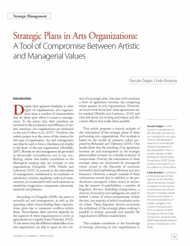 Strategic Plans in Arts Organizations: A Tool of Compromise Between Artistic and Managerial Values