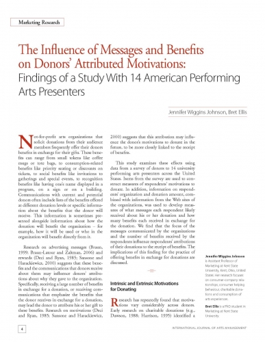 The Influence of Messages and Benefits on Donors’ Attributed Motivations: Findings of a Study With 14 American Performing Arts Presenters