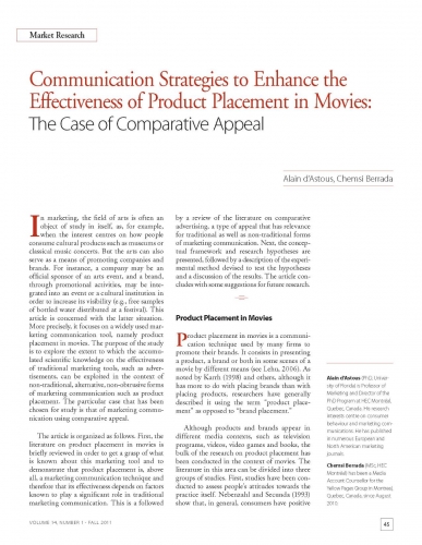 Communication Strategies to Enhance the Effectiveness of Product Placement in Movies: The Case of Comparative Appeal