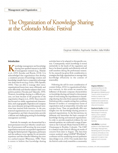 The Organization of Knowledge Sharing at the Colorado Music Festival
