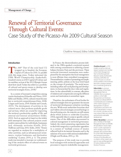 Renewal of Territorial Governance Through Cultural Events: Case Study of the Picasso-Aix 2009 Cultural Season