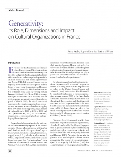 Generativity: Its Role, Dimensions and Impact on Cultural Organizations in France