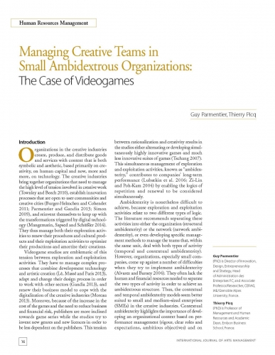 Managing Creative Teams in Small Ambidextrous Organizations: The Case of Videogames
