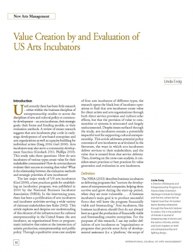 Value Creation by and Evaluation of US Arts Incubators