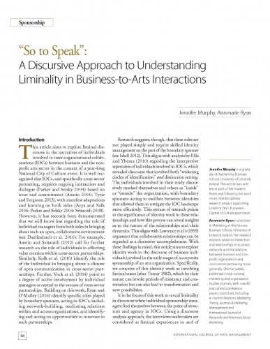 “So to Speak”: A Discursive Approach to Understanding Liminality in Business-to-Arts Interactions