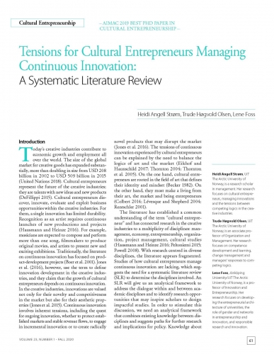 Tensions for Cultural Entrepreneurs Managing Continuous Innovation: A Systematic Literature Review