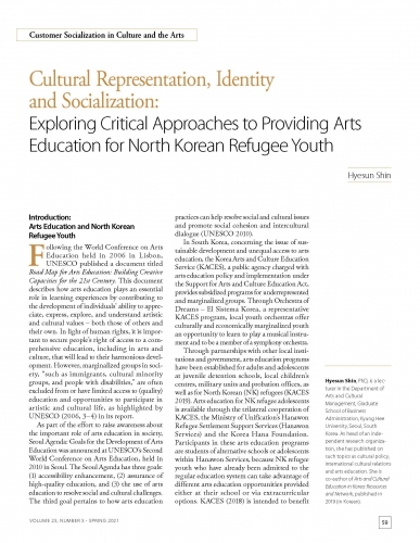 Cultural Representation, Identity and Socialization: Exploring Critical Approaches to Providing Arts Education for North Korean Refugee Youth