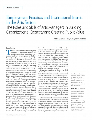 Employment Practices and Institutional Inertia in the Arts Sector: The Roles and Skills of Arts Managers in Building Organizational Capacity and Creating Public Value